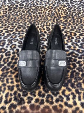 Michael Kors Black Leather Slip-On Loafers with Silver Logo Plaque